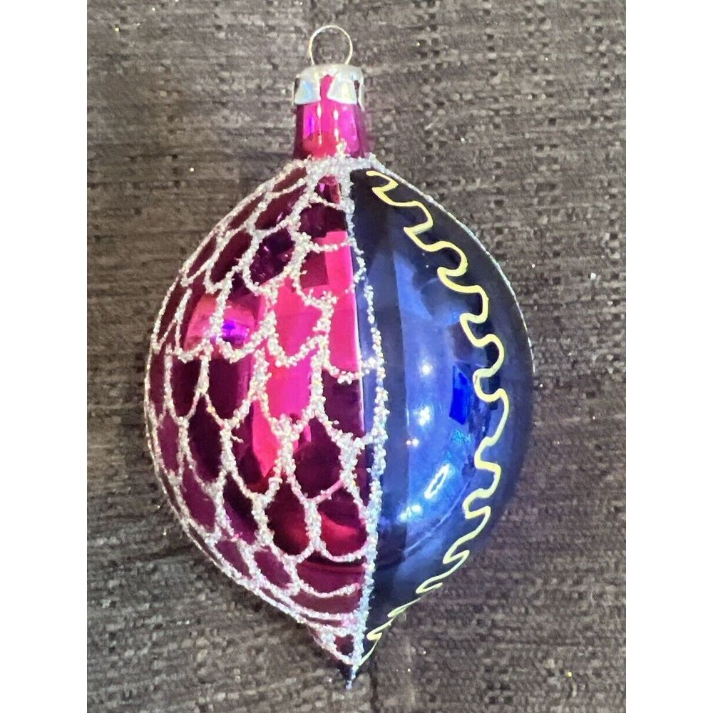 Hand Painted Blown Glass Spire Purple & Blue With Glitter Vintage Christmas Orna